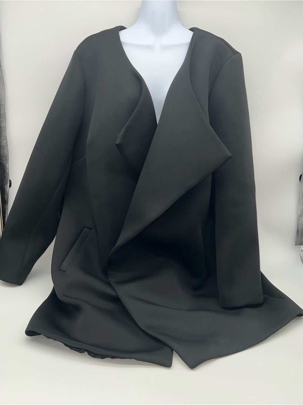 Ashley Stewart Black Neoprene Wrap Duster Coat Waterfall Front Long Sleeves-22
